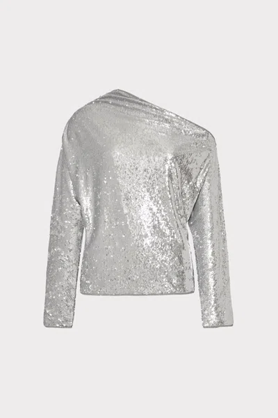 Milly Draped One Shoulder Sequins Long Sleeve Top In Silver