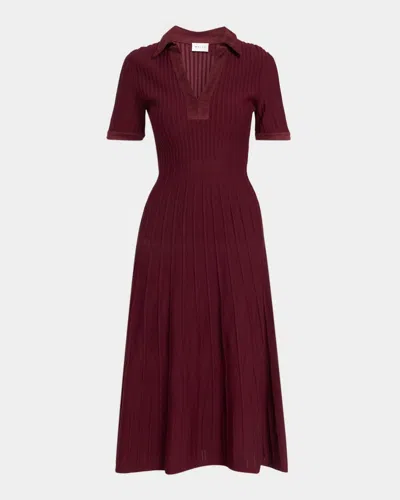 Milly Dylan Johnny-collar Ribbed Midi Dress In Burgundy