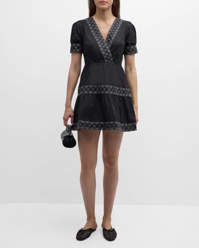 Milly Embroidered Cotton Poplin Mini Dress In Black