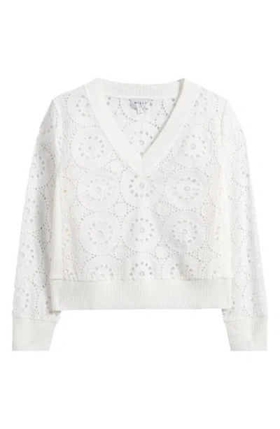 Milly Embroidered Eyelet Cotton V-neck Top In White