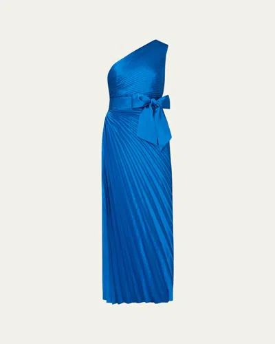 Milly Estelle Pleated One-shoulder Satin Maxi Dress In Blue