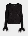 Milly Feather-cuff Sequined Knit Sweater In Black Multi