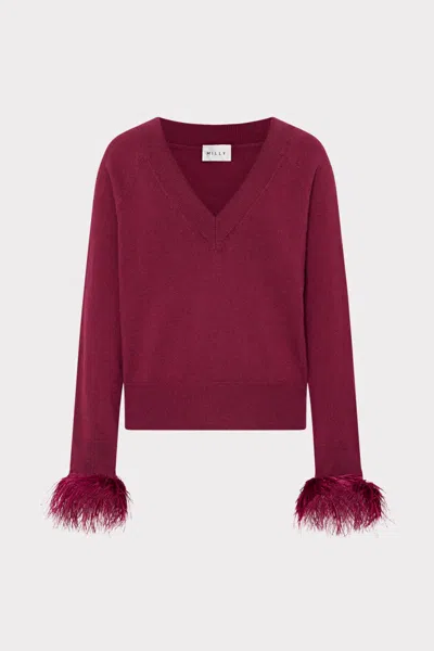 Milly Feather Cuff V-neck Long Sleeve Sweater In Burgundy