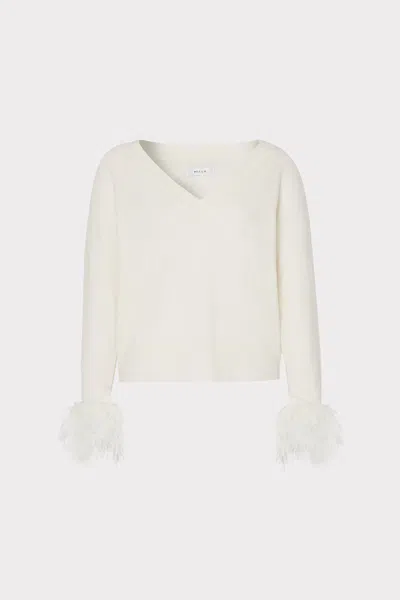 Milly Feather Cuff V-neck Long Sleeve Sweater In Ecru