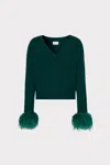 Milly Feather Cuff V-neck Long Sleeve Sweater In Emerald Green