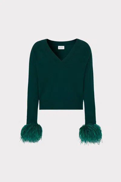 Milly Feather Cuff V-neck Long Sleeve Sweater In Emerald Green