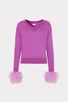 Milly Feather Cuff V-neck Long Sleeve Sweater In Purple