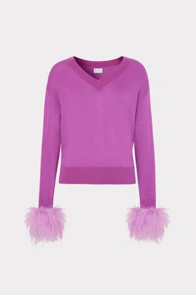 Milly Feather Cuff V-neck Long Sleeve Sweater In Purple