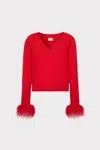 Milly Feather Cuff V-neck Long Sleeve Sweater In Red