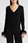 Milly Feather Cuff V-neck Long Sleeve Sweater In Black
