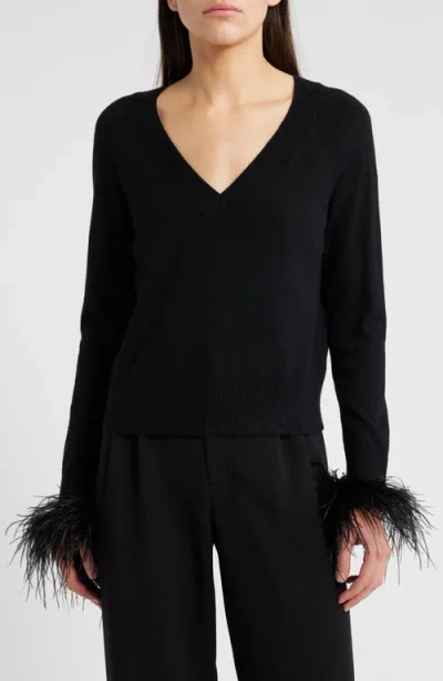 MILLY MILLY FEATHER CUFF V-NECK SWEATER