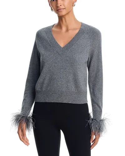 Milly Feather Cuff V Neck Sweater In Blue