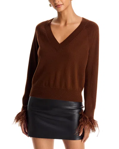 Milly Feather Cuff V Neck Sweater In Brown