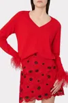 Milly Feather Cuff V-neck Long Sleeve Sweater In Red