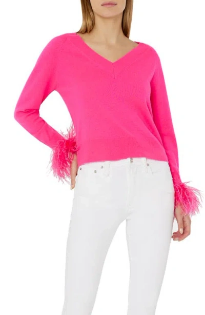 Milly Feather Cuff V-neck Long Sleeve Sweater In  Pink