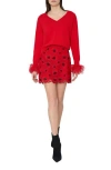Milly Feather Cuff V-neck Long Sleeve Sweater In Red