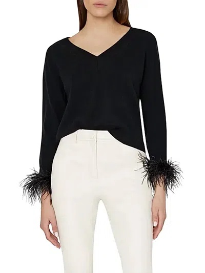 Milly Feather Cuff V-neck Sweater In Black