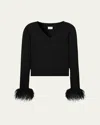 Milly Feather Cuff V-neck Long Sleeve Sweater In Black