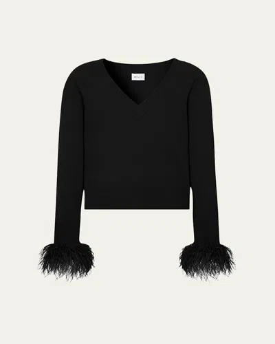 Milly Feather-cuff Sequined Knit Sweater In Black Multi