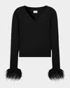 Milly Feather Cuff V-neck Long Sleeve Sweater In Black