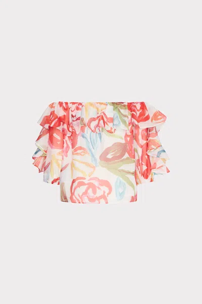 Milly Floraison Rouge Organza Ruffle Short Sleeve Top In Red