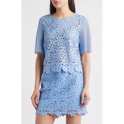 Milly Floral Geo Combo Lace Short Sleeve Top In Sky Blue