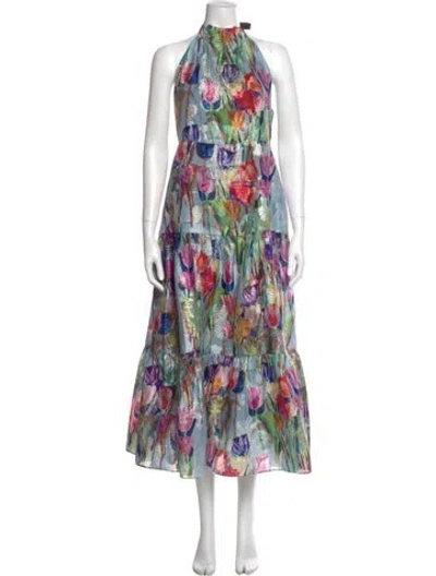 Pre-owned Milly Floral Print Long Dress In Blue