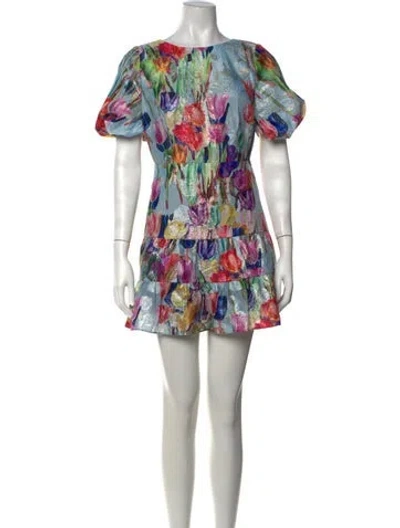 Pre-owned Milly Floral Print Mini Dress In Blue/metallic