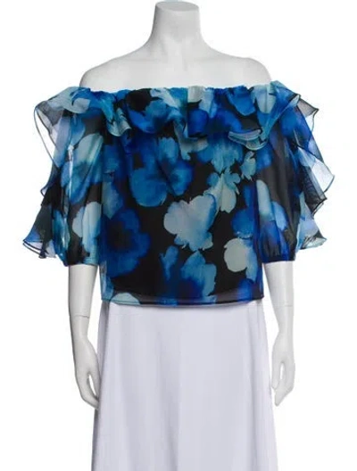 Pre-owned Milly Floral Print Off-the-shoulder Blouse W/ Tags In Blue