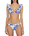 Milly Floral Print Ruffled Bikini Top In Blue