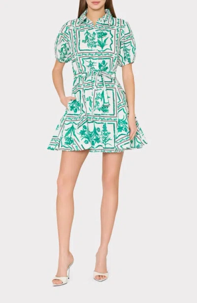 Milly Floral Tile Linen Blend Minidress In Green