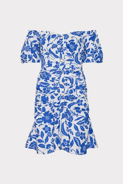 Milly Flowers Of Spain Off The Shoulder Dress In Blue/white