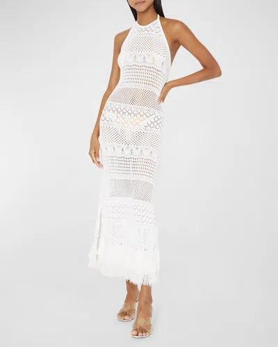 Milly Fringe Halter Crochet Maxi Dress In Blanco
