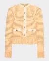 Milly Fringed Tweed Knit Cardigan Jacket In Orange Yel