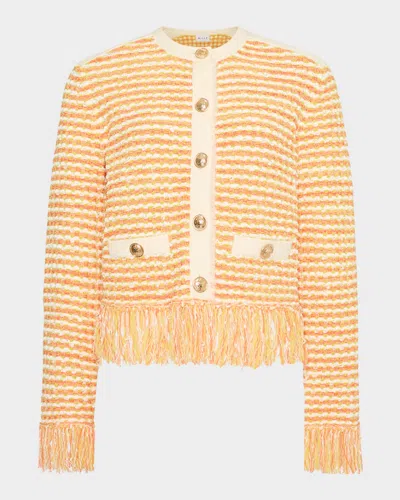 Milly Fringed Tweed Knit Cardigan Jacket In Orange Yel