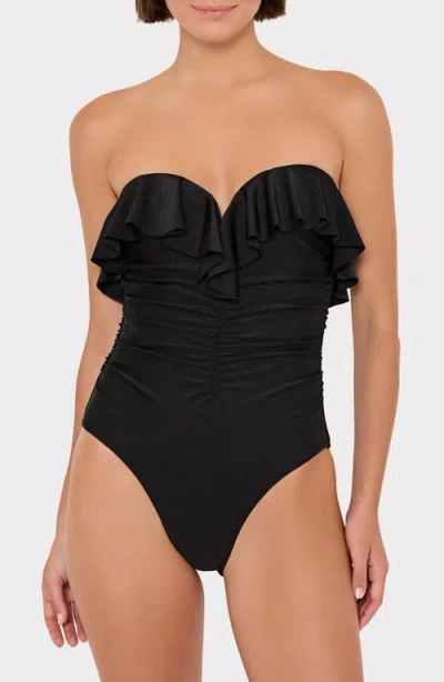 Milly Glossy Strapless Ruffle One-piece Swimsuit In Black