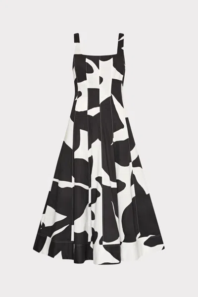 Milly Grand Foliage Poplin Midi Dress In Black/white