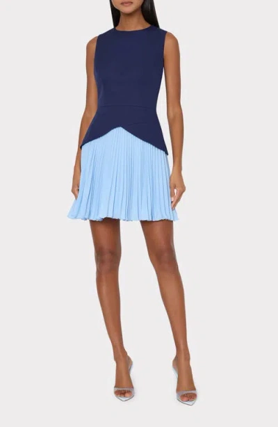 Milly Haddy Colorblock Pleated Sleeveless Minidress In Blue