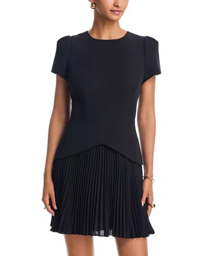Milly Haddy Pleated Short Sleeve Mini Dress In Black
