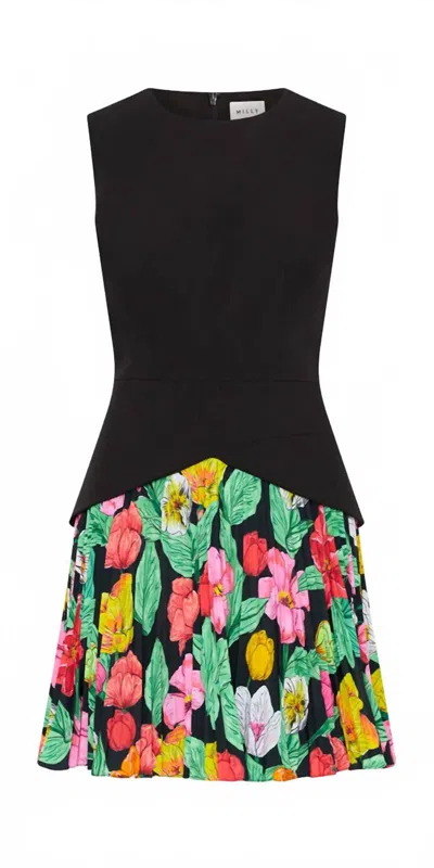 MILLY HADDY TULIP PLEAT DRESS IN BLACK MULTI