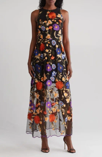 Milly Hannah Fall Foliage Embroidered Mesh Midi Dress In Black Multi |  ModeSens