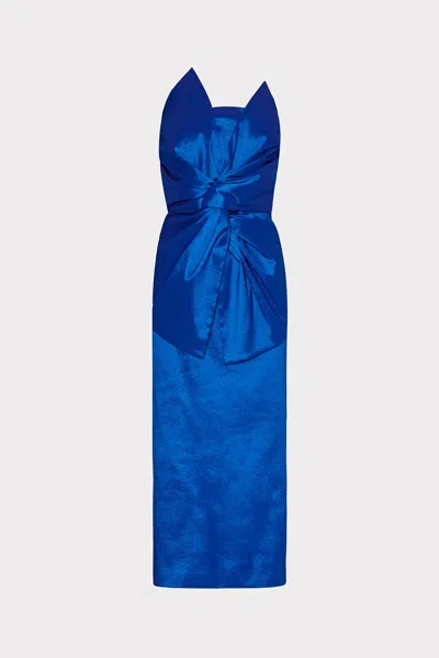Milly Harlow Bow Taffeta Strapless Midi Dress In Blue
