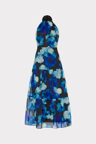 Milly Hayden Watercolor Petals Organza Midi Dress In Blue