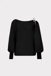 Milly Ida Crystal Bow Cold Shoulder Long Sleeve Sweater In Black