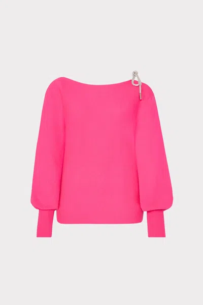 Milly Ida Crystal Bow Cold Shoulder Long Sleeve Sweater In  Pink