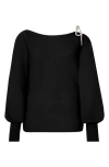 Milly Ida Crystal Bow Cold Shoulder Long Sleeve Sweater In Black