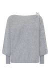 Milly Ida Crystal Bow Cold Shoulder Long Sleeve Sweater In Gray