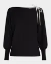 Milly Ida One-shoulder Crystal Tie Sweater In Black