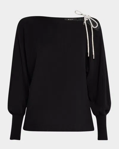 Milly Ida One-shoulder Crystal Tie Sweater In Black