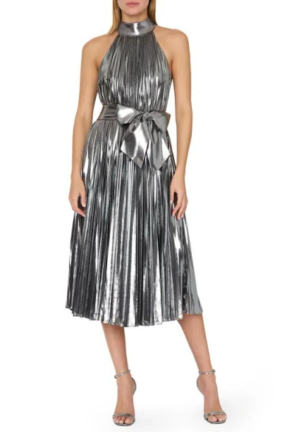MILLY MILLY IDENA PLEATED METALLIC HALTER DRESS